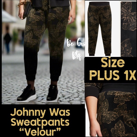 NWT Johnny Was Zuri Modern Velour Sweatpants Black & Butterflies Size Plus 1X - Picture 1 of 14